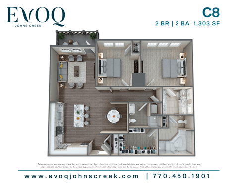 A floor plan of a 2 bedroom, 2 bathroom apartment at 1,303 SF.