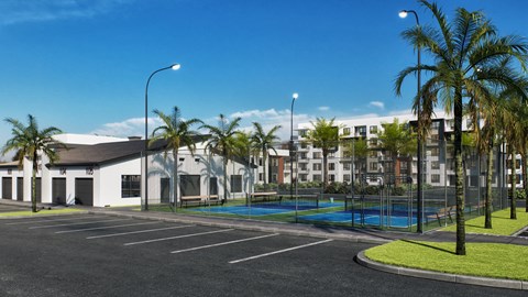 A sunny day at the outdoor pool and gym area of a residential complex.