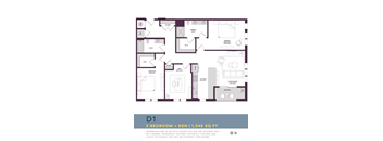 A floor plan of a 2 bedroom apartment with den and a living room.