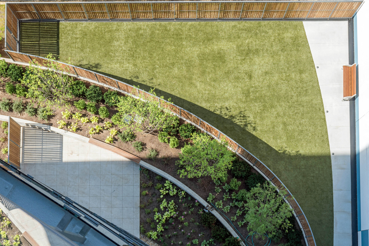 Birds eye view of the pet park area with lots of grassy space and plants. 
