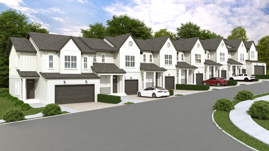 a rendering of a row of white houses with black garage doors