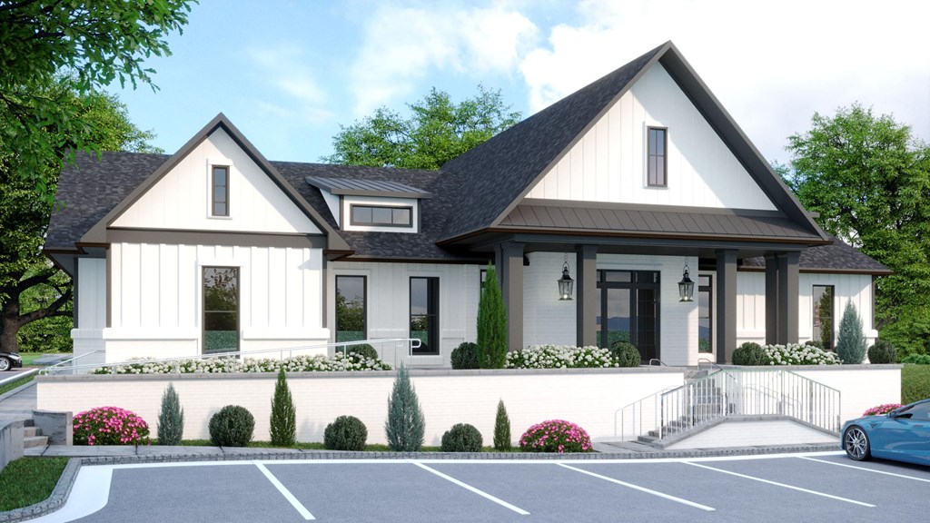 a rendering of a white house with a wraparound porch and a garage