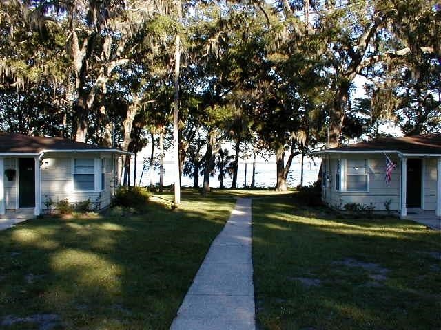 two small white houses with trees and a sidewalk