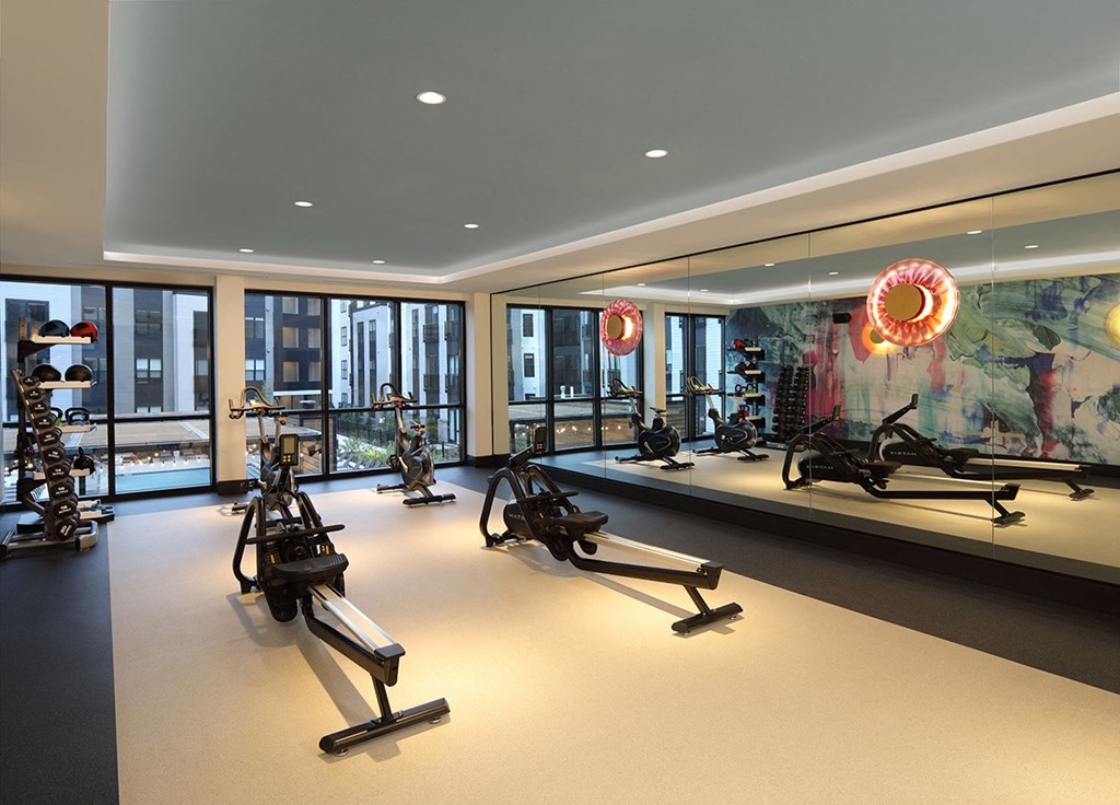 a gym with exercise equipment and a mural on the wall