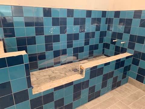 A bathroom with a blue and black tiled shower area.
