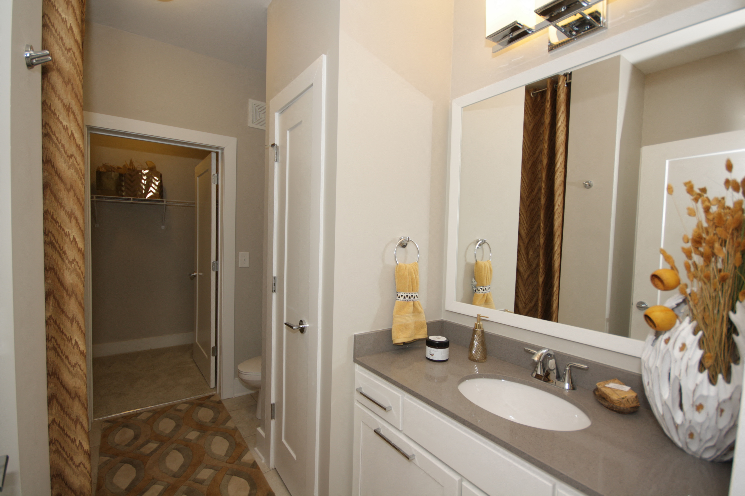 Decorated bathroom with large mirror and a walk-in closet. 