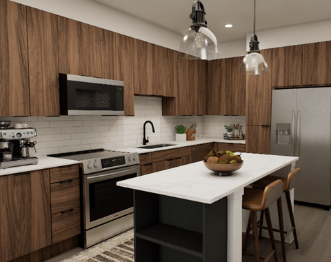 A modern kitchen with wooden cabinets and a white island.