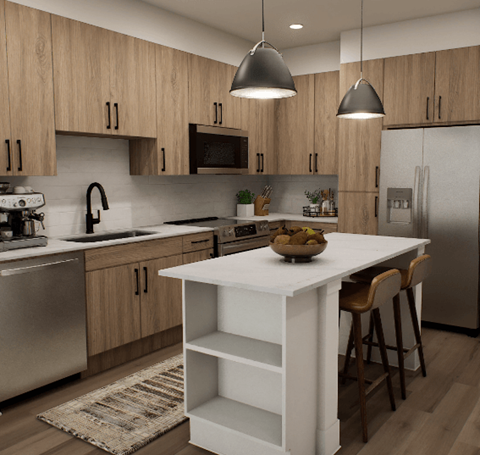 A modern kitchen with wooden cabinets and a white island.