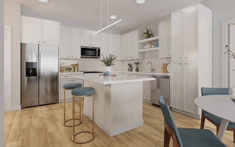 A modern kitchen with a white island and stools.