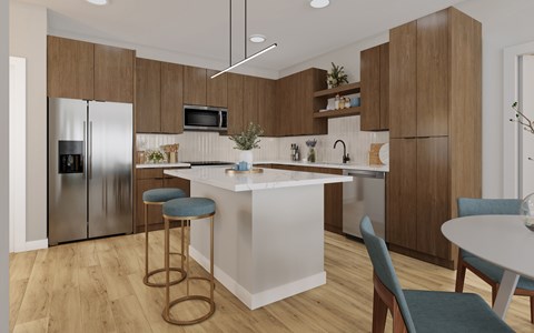 A modern kitchen with a white island and wooden cabinets.