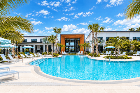 A large swimming pool is surrounded by palm trees and lounge chairs.