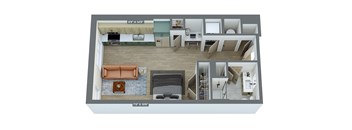 a 3d floor plan of an apartment with a bedroom and a living room