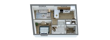 a 3d floor plan of a home with a bedroom and a living room