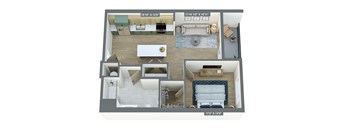 a 3d floor plan of a studio apartment with a bedroom and living room