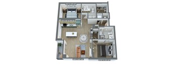 a 3d floor plan of a home with a bedroom and a living room