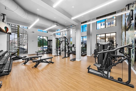 a gym with weights and other exercise equipment on a wooden floor