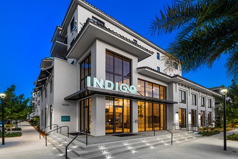a rendering of the indigo building at dusk