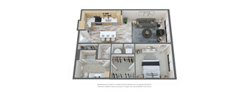 a spacious two bedroom apartment with a large living room and kitchen with a dining area and a