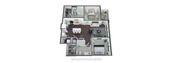 a spacious two bedroom apartment with two bathrooms and a living room with a kitchen and dining area