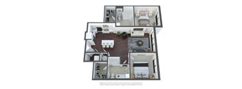 a spacious two bedroom apartment with two bathrooms and a living room with a kitchen and dining area