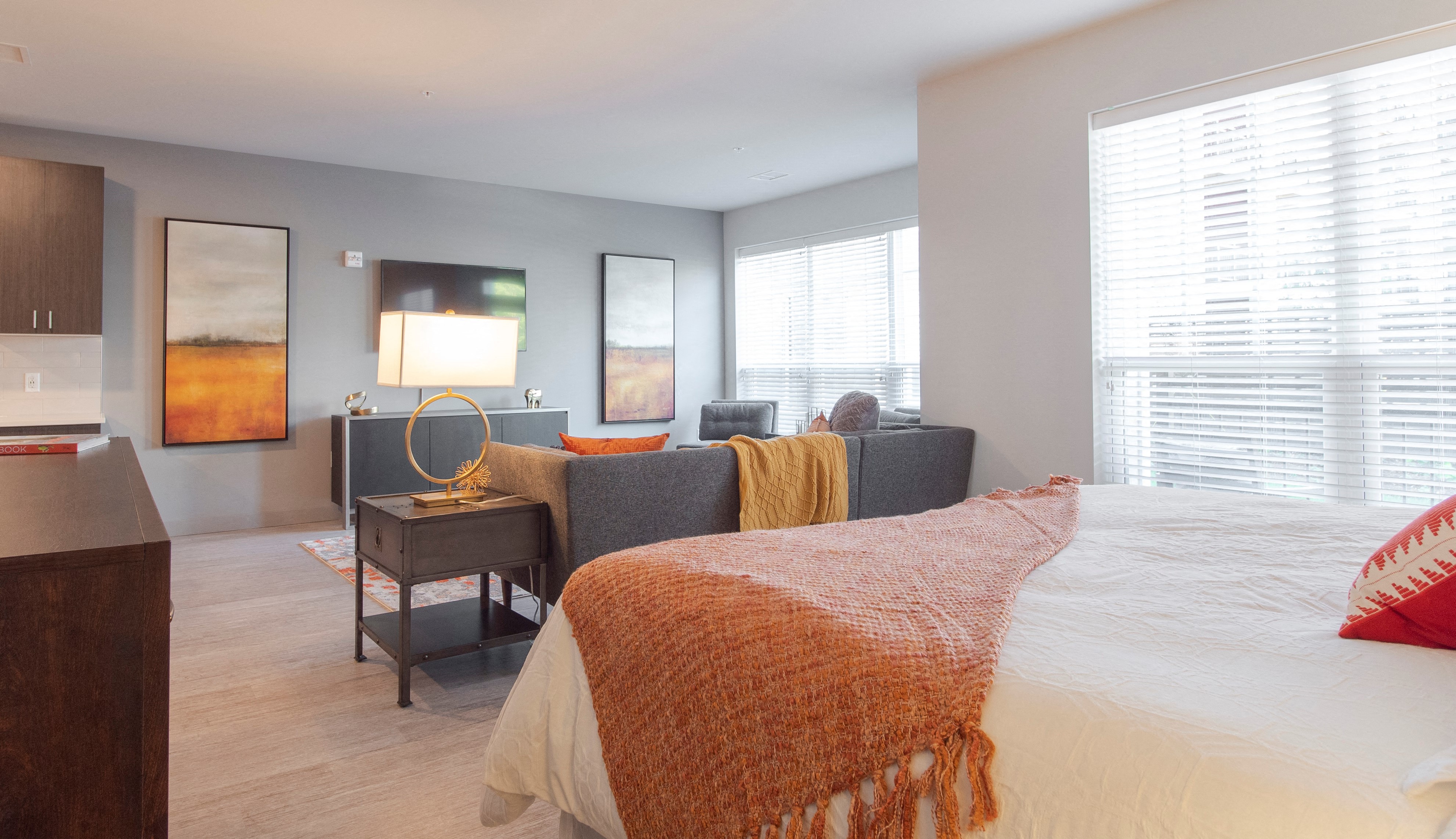 Bedroom view of living area with couch and television.