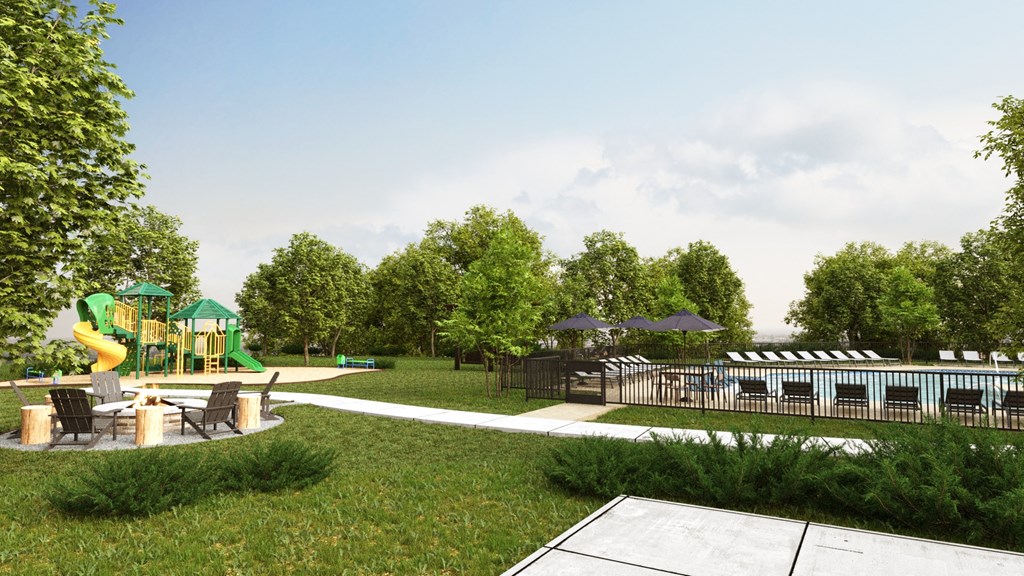 a rendering of a park with a playground and a pool