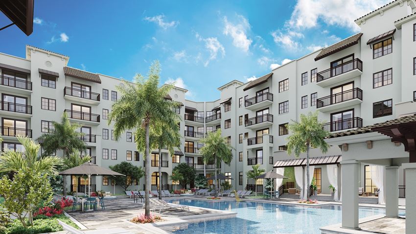 a rendering of an apartment building with a swimming pool