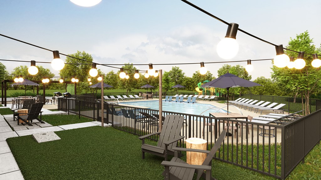 a rendering of a pool with chairs and umbrellas
