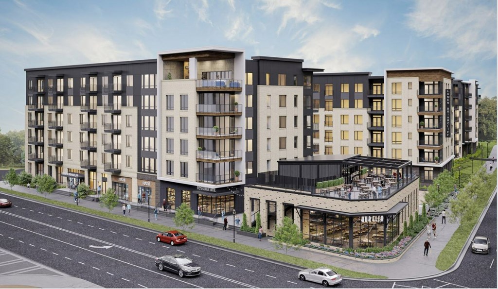 a rendering of a large building with a street in front of it