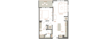 A floor plan of a house with a balcony, living room, dining room, kitchen, bath, and bedroom.