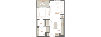 A floor plan of a house with a balcony, living room, kitchen, bedroom, bath, and closet.