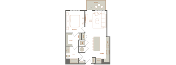A floor plan of an apartment with a living room, two closets, a bathroom, a kitchen, and a balcony.