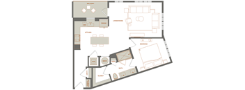 A floor plan of a house with a living room, kitchen, and bedroom.