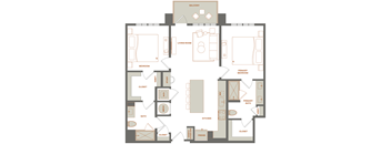 A floor plan of an apartment with a living room, two bedrooms, a kitchen, and a bathroom.