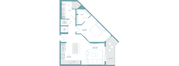 A floor plan of a house with a living room, kitchen, pantry, and bathroom.
