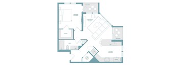 A floor plan of a house with a bedroom, living room, kitchen, and bathroom.