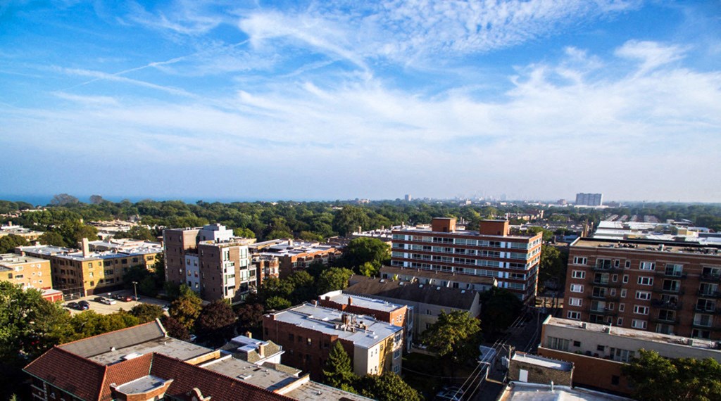 Arial view of The Main in Evanston, IL showing roof tops and surrounding buildings
