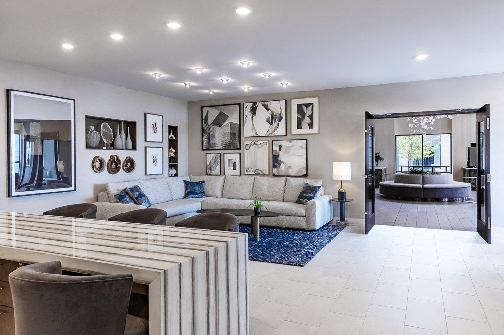 a living room with a couch and a table