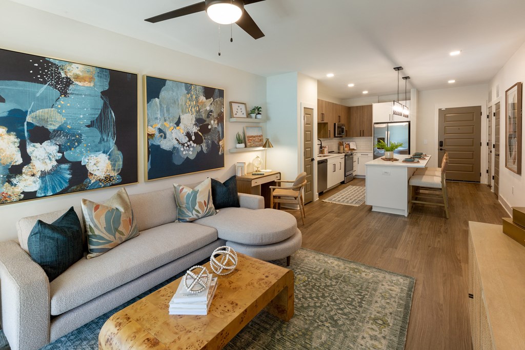a living room with a couch and a coffee table