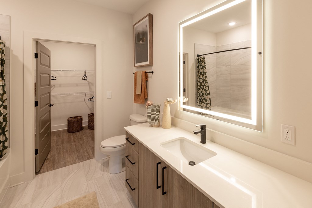 a bathroom with a large mirror and a sink and a toilet