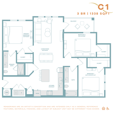 A floor plan of a 3 bedroom, 1338 square foot condo.