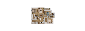 C1 3 Bedroom Floor Plan Shown in Scheme 1: Wood Cabinets and Darker Flooring. Balcony Included |  1338 Square Feet