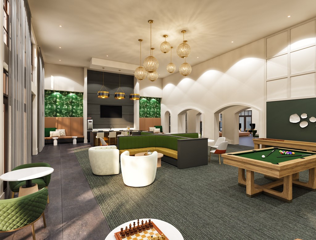 a rendering of the clubhouse with a pool table and lounge area