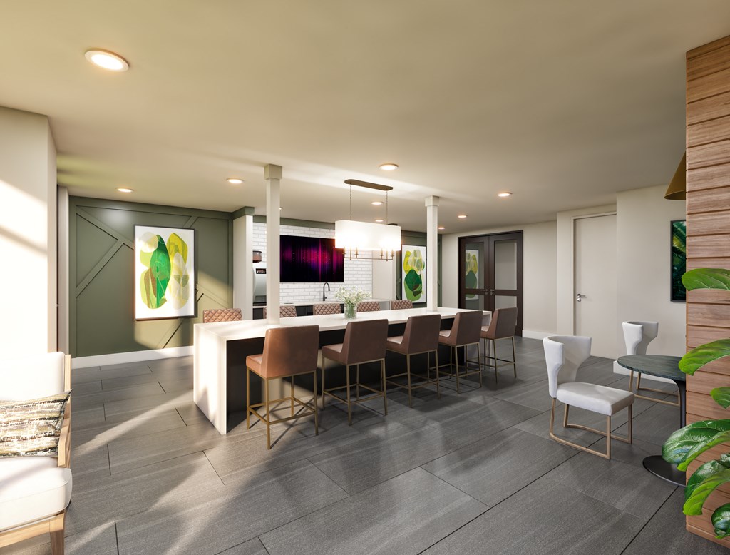 a rendering of a dining room with a long white table and brown chairs