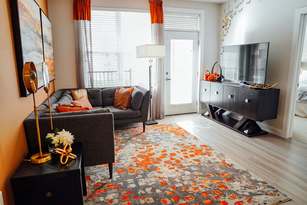 Living room space fully furnished with couch, TV, and entryway to the balcony. 
