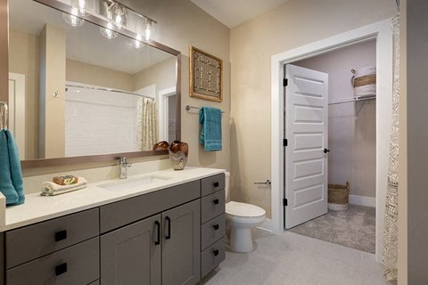 Bathroom with a large vanity, sink and walk in closet.