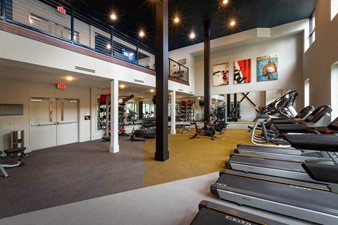 A gym with treadmills and exercise equipment.