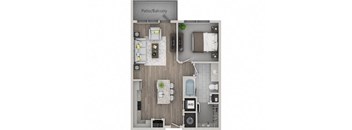 A top-down view of a small apartment with a kitchen, living room, and bathroom.