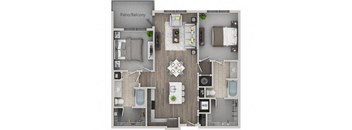 A top-down view of a small apartment layout with a living room, kitchen, and bathroom.