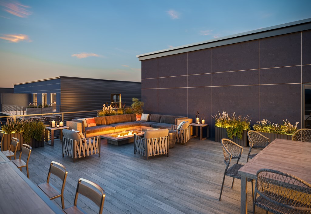 Rooftop terrace overlooking the Milwaukee River.